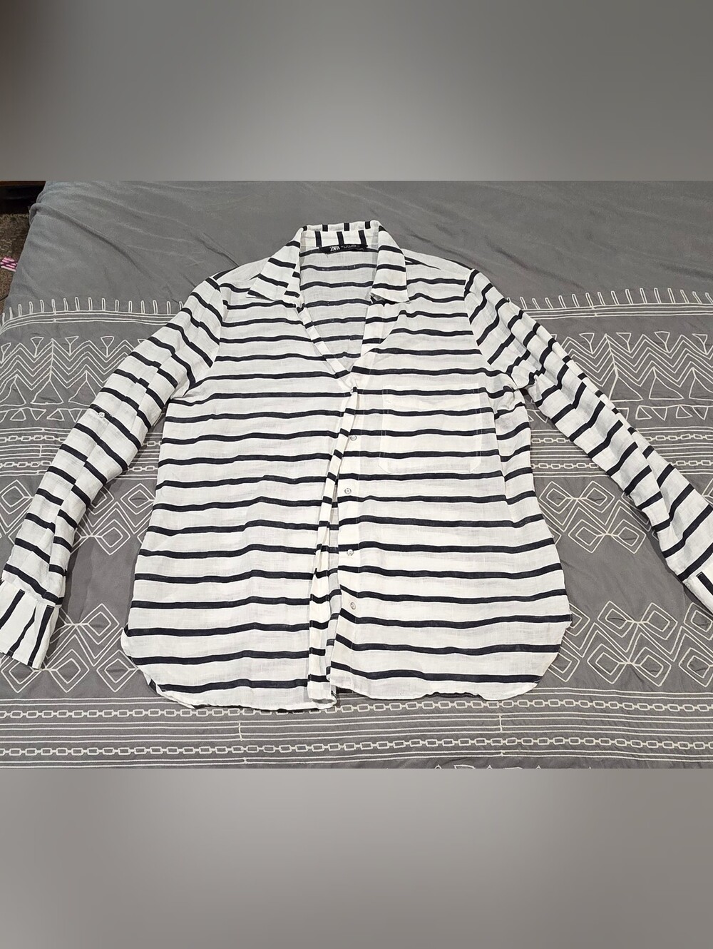 Zara Women's Striped Linen Button Down Shirt Size Large